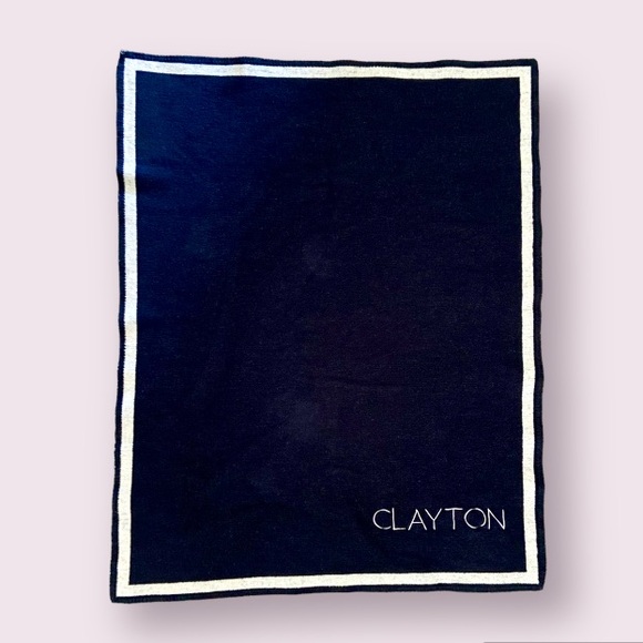 Pottery Barn Kids Monogram Clayton Knit Baby Blanket Navy Blue w/ Gray Border - Picture 1 of 6